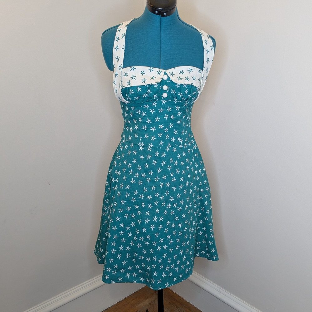 BETSEY JOHNSON '50s vintage style strapless halter dress turquoise teal sz 4